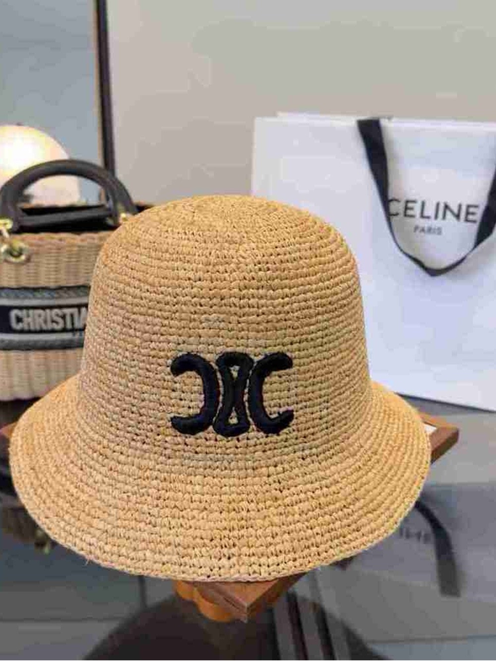 Celine Tan Straw Bucket Hat with Black Logo